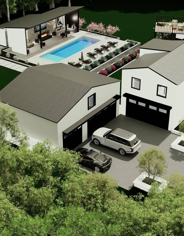 Overhead view of a custom-built home featuring a pool and outdoor entertaining area